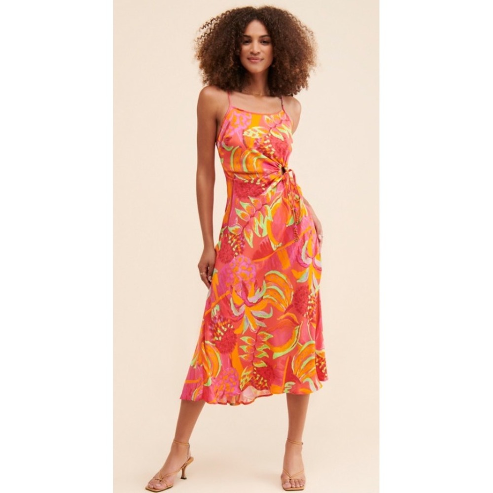 Farm Rio Women S Fruit Brush Cutout Midi Dress Pink Orange Tropical Summer Boho